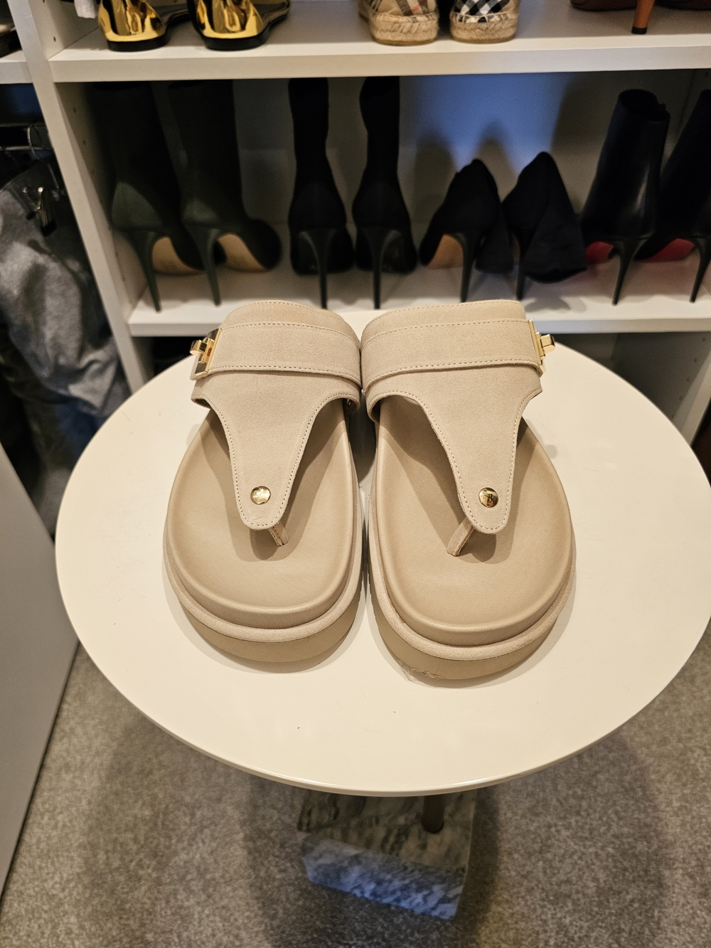 Steve Madden Neutral Beige Platform Toe-Post Sandals with Gold Hardware